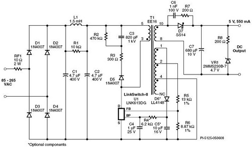 2.75W恒压/恒流(CV/CC)通用输入充电器电源电路图