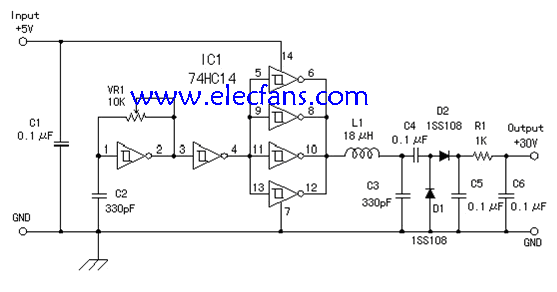 <b>DC-DC</b> 5<b>V</b>升压到<b>30V</b>的<b>电路</b>图