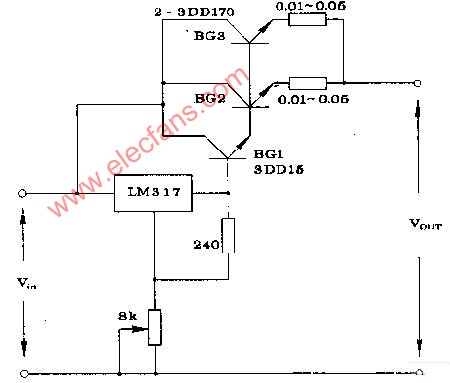 用LM317组成的扩流电路:能输出20A电流