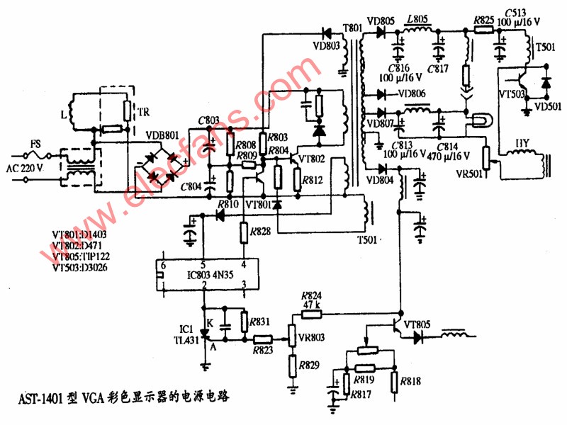 <b class='flag-5'>AST</b>-1401型VGA彩色显示器电源电路图