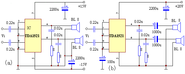 用TDA1521制作的15W双声道功放电路图