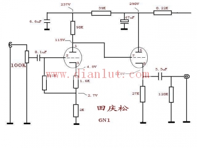 6N1胆前级电路图 (带电源供电电路,放大倍数12倍)