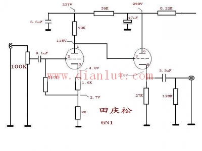 6N1膽前級電路圖 (帶電源供電電路,放大倍數12倍)