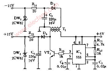 +5V电压变换位±15V电压源电路图