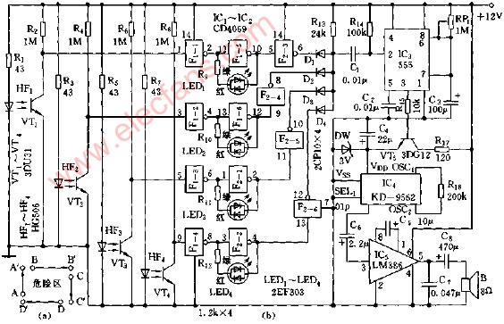 紅外線(xiàn)聲光報警器電路圖