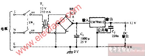 由<b class='flag-5'>交流电源</b><b class='flag-5'>供电</b>的12V直流稳压<b class='flag-5'>电源</b><b class='flag-5'>电路</b>图