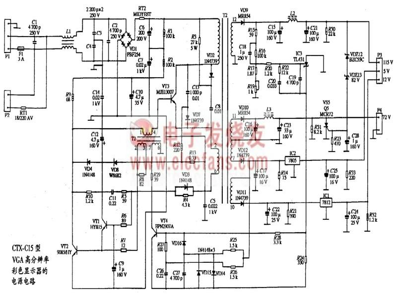 CTX-C15型<b class='flag-5'>VGA</b><b class='flag-5'>高分辨率</b>彩色顯示器電源電路圖