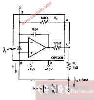 OPT209<b class='flag-5'>具有</b><b class='flag-5'>电流</b><b class='flag-5'>输出</b>的光<b class='flag-5'>检测</b>电路图