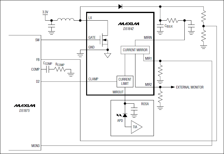 DS1842应用电路(76V、APD偏置输出电路,带有电流监