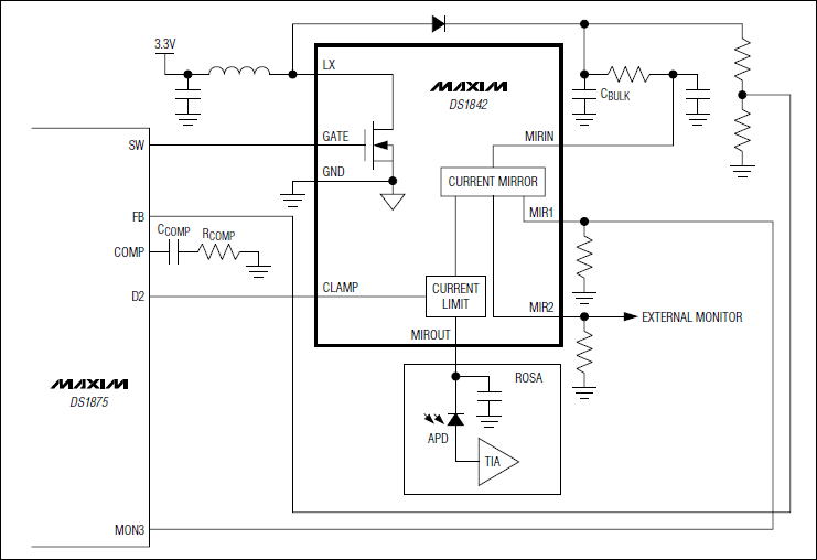 DS1842应用电路(<b class='flag-5'>76V</b>、APD偏置输出电路,带有电流监