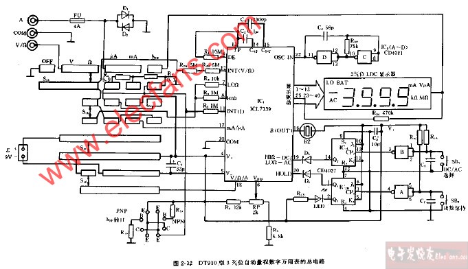 DT910型3,3 4位<b class='flag-5'>自动量程</b>数字万用表的总<b class='flag-5'>电路图</b>