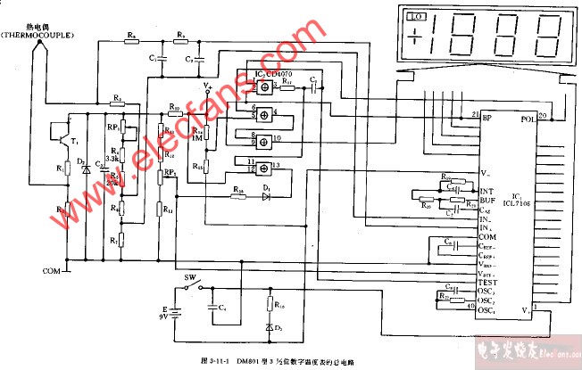 DM801<b class='flag-5'>型</b>3,1 2位數字<b class='flag-5'>溫度表</b>的總<b class='flag-5'>電路圖</b>