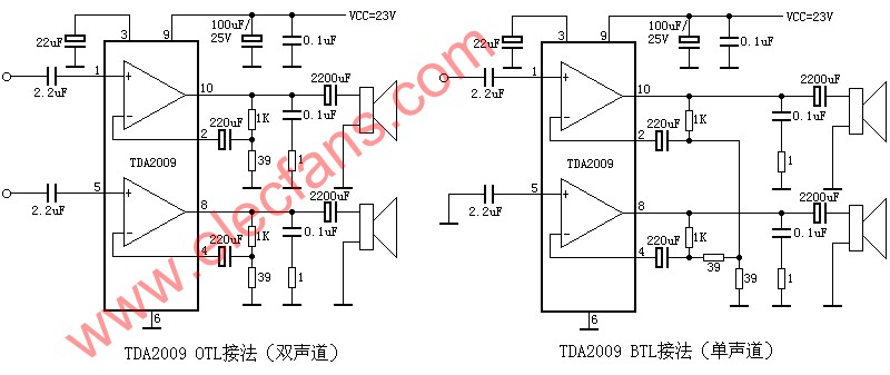 TDA2009 OTL单/双声道功率放大电路图