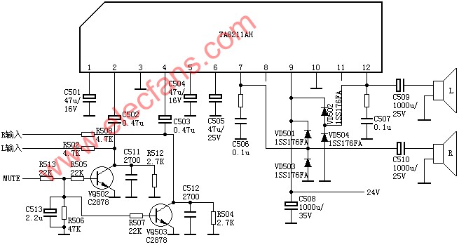 <b class='flag-5'>TA</b>8211/<b class='flag-5'>TA</b>8211AH双通道<b class='flag-5'>功放电路</b>