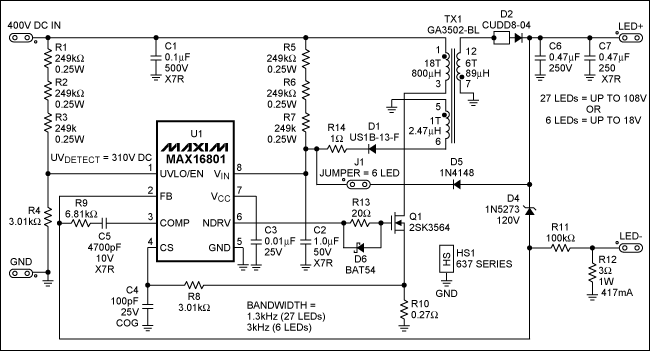 MAX16801組成的<b class='flag-5'>LED</b><b class='flag-5'>驅動</b><b class='flag-5'>電路圖</b>