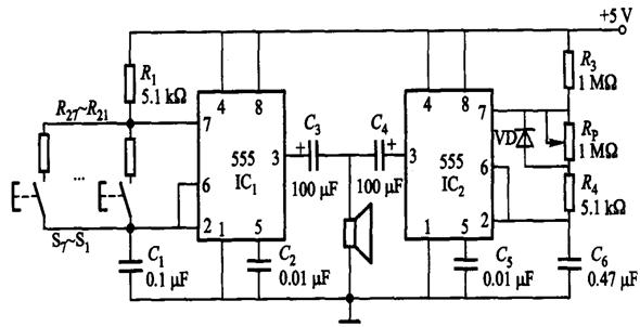 <b class='flag-5'>555</b>組成的<b class='flag-5'>電子琴</b>電路