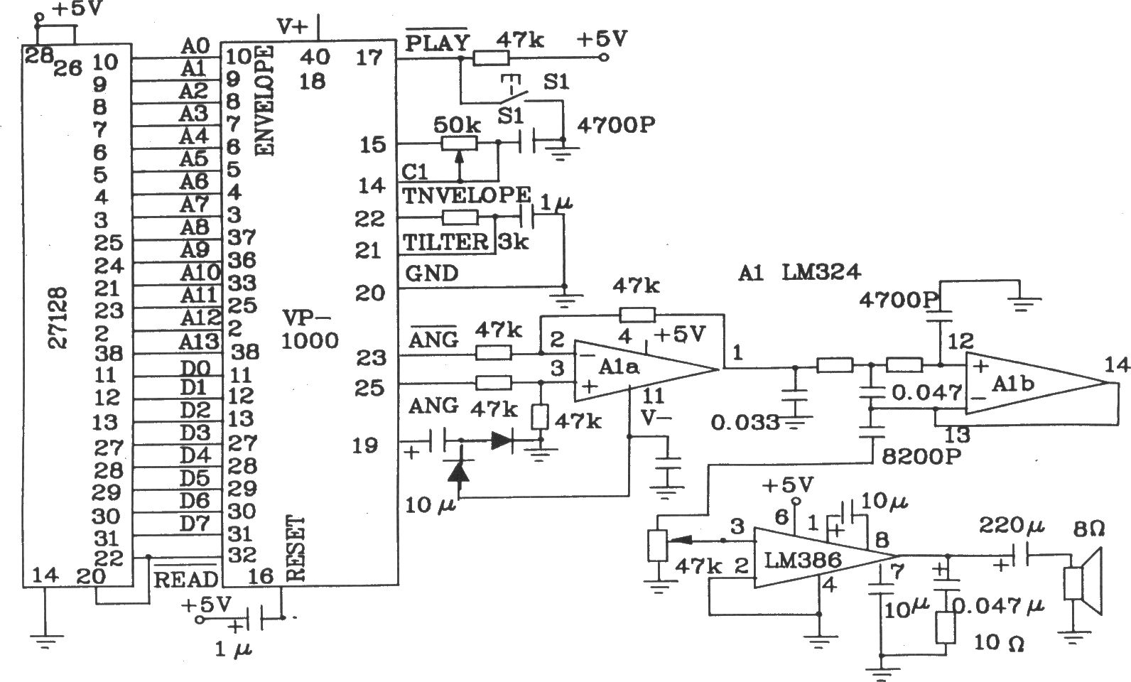 语音合成芯片VP-1000和EEPROM组成的放音电路图