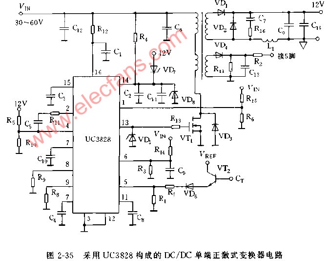 采用UC3828构成的DC DC单端激式变换器电路