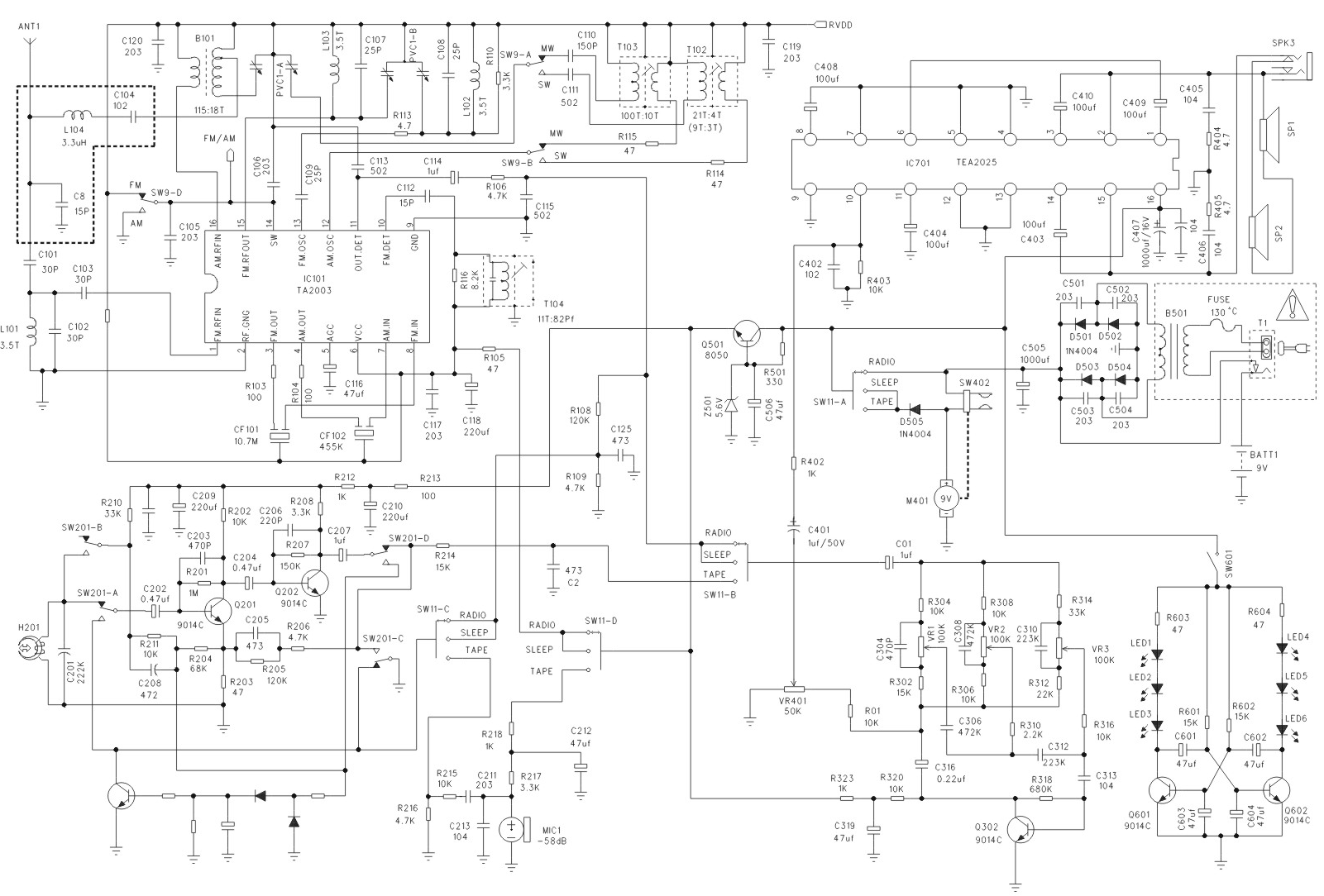 AM/FM收录机电路图 (由TA2003+TEA2025组成