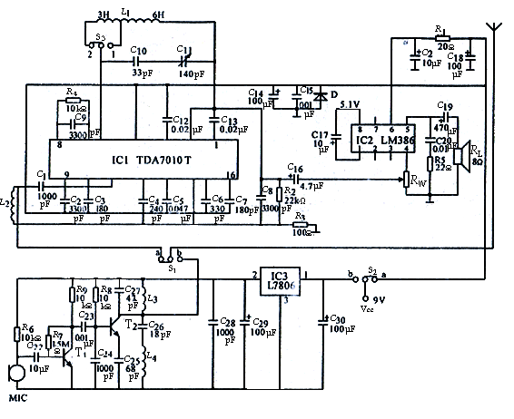 TDA7010T组成的简易调频对讲机电路制作