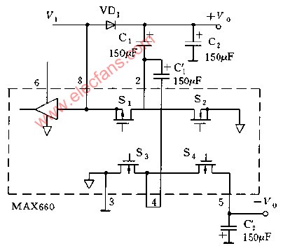 采用MAX660構成倍壓與負電壓輸出的電路