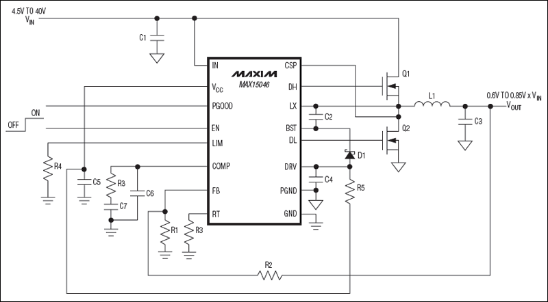 MAX15046应用电路 (40V同步buck控制器)