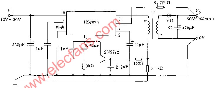 采用HS7076構成的變壓器耦合DC DC變換器電路