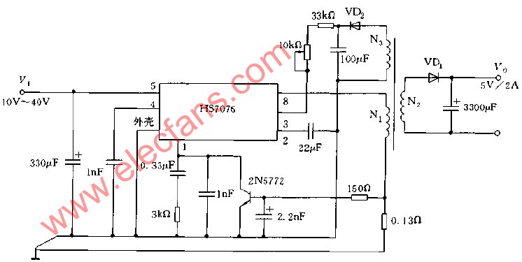 采用HS7076构成的隔离型反激式DC DC变换器电路