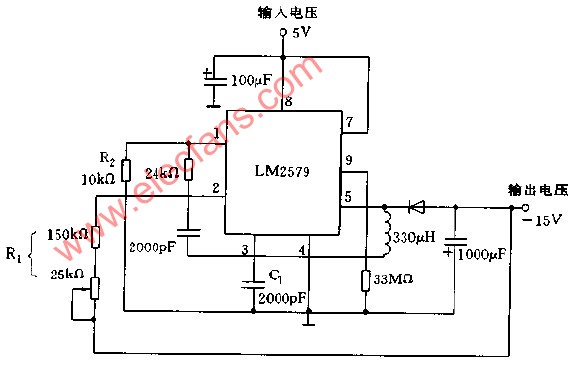 采用LM2579构成+15V-15V的DC DC变换器电路