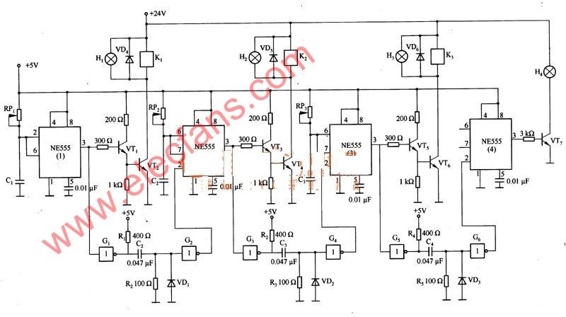 <b class='flag-5'>NE555</b>等<b class='flag-5'>组成</b>的顺序<b class='flag-5'>定时</b>器<b class='flag-5'>电路</b>图