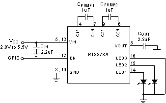 RT9373A應(yīng)用<b class='flag-5'>電路</b> (3通道<b class='flag-5'>電荷泵</b><b class='flag-5'>白光</b><b class='flag-5'>LED</b>低壓降電流源