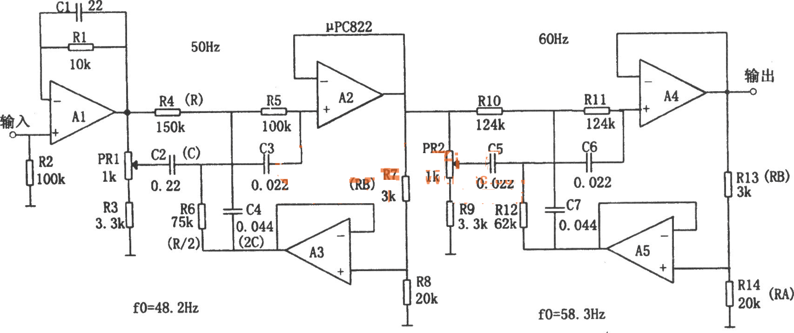 UPC822电源频率噪声滤波器电路