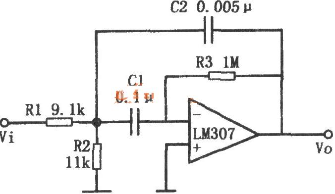 LM307组成的低Q值高增益带通滤波器电路