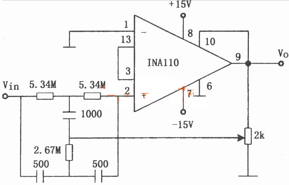 INA110制作的60Hz输入陷波滤波器电路