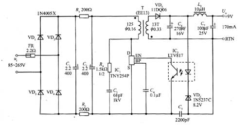 1.5<b class='flag-5'>W</b>的<b class='flag-5'>AC</b>/<b class='flag-5'>DC</b><b class='flag-5'>電源</b><b class='flag-5'>適配器</b>電路(9V 170ma輸出)