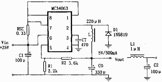 MC34063构成的降压变换电源电路