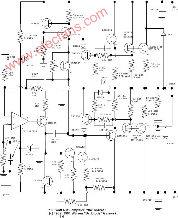 <b class='flag-5'>100W</b> RMS的放大器電路 (<b class='flag-5'>100W</b> rms ampli