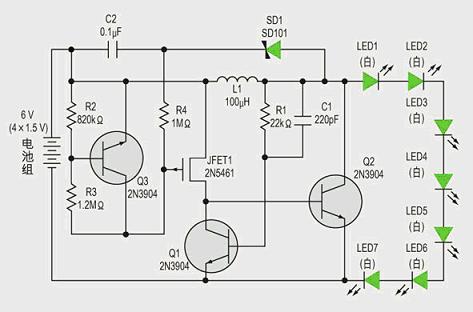 用電池驅動七個<b class='flag-5'>白光</b><b class='flag-5'>LED</b>電路的設計