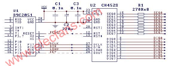 CH452与4线接口连接单片机电路