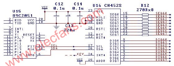 CH452与2线接口连接单片机电路