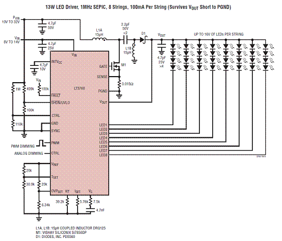 Linear LT3760 8路LED驱动解决方案 (应用电