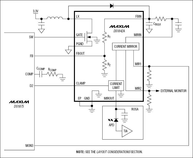 DS1842A應用電路,<b class='flag-5'>提供</b><b class='flag-5'>APD</b><b class='flag-5'>偏置</b>輸出和快速電流監測