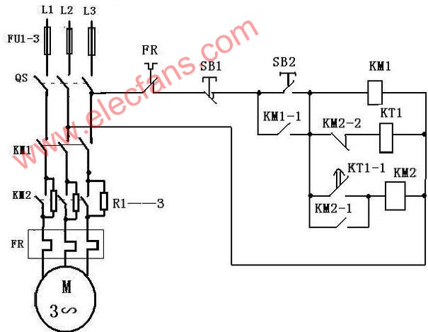 笼型电动机定子串联电阻降压启动的控制电路