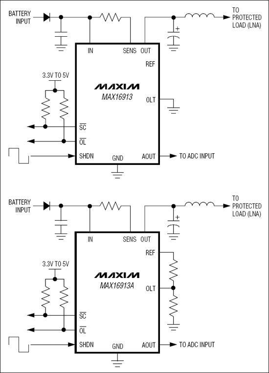 MAX16913, MAX16913A  远端天线电流检测放