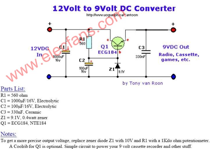 分立元件(三极管)组成的12V降压到9V输出的电路原理图