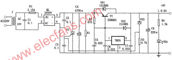 具有擴流和過壓保護功能的<b class='flag-5'>5V</b>穩壓<b class='flag-5'>電源</b><b class='flag-5'>電路</b>(<b class='flag-5'>7805</b>)