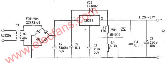 <b class='flag-5'>LM317</b>组成的1.25～37V<b class='flag-5'>可调</b><b class='flag-5'>电源</b>电路