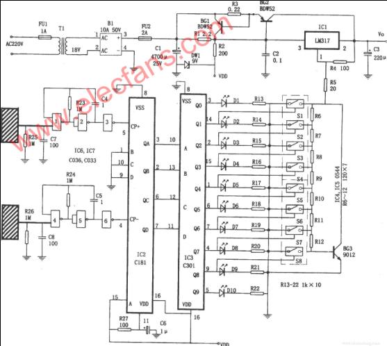触摸控制稳压电源电路(LM317、C181、C301)