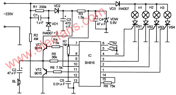由SH816 IC構成的雙音彩燈控制電路原理