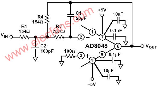 基于AD8048的電壓反饋運(yùn)算放大器電路圖